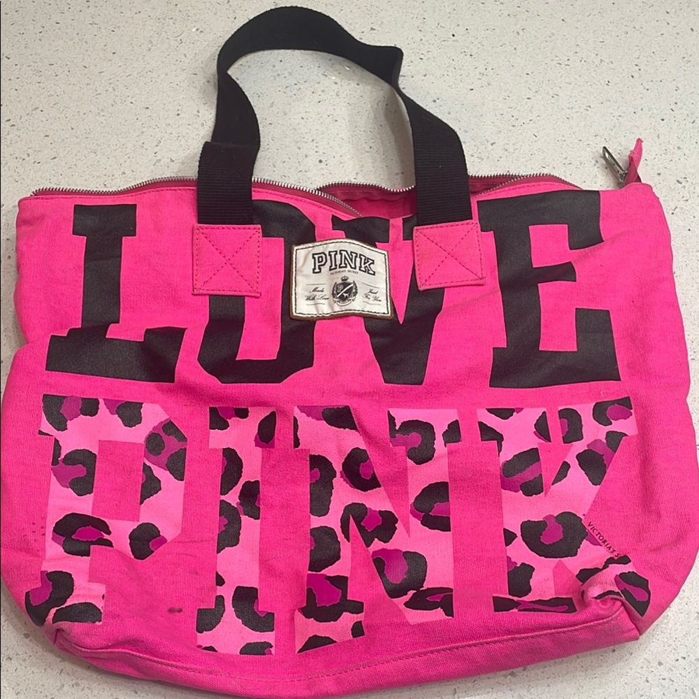 PINK Victoria's Secret Pink and Black Tote Bag with Leopard Print